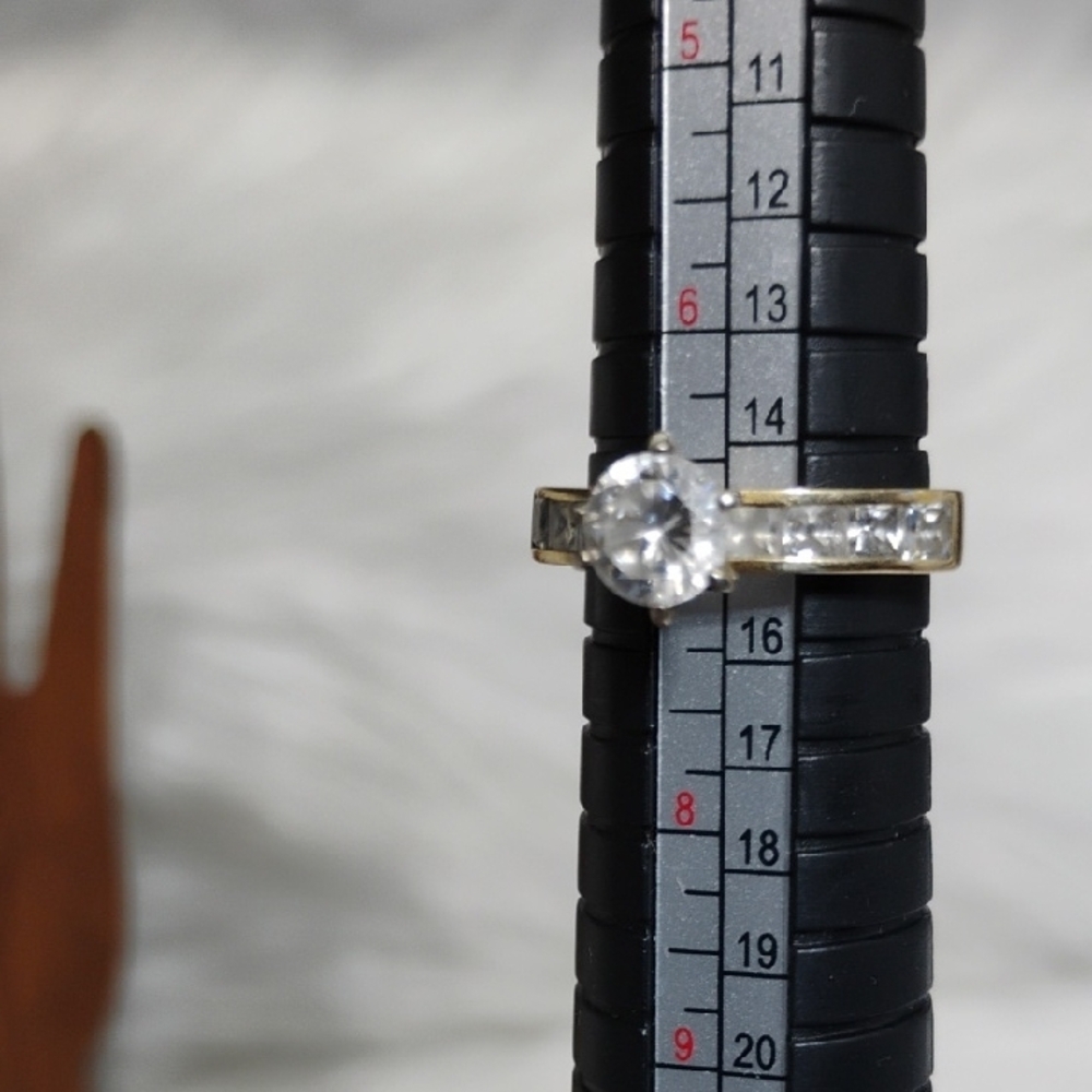 10k Yellow Solid Gold Ring W Clear Round Center & Baguette Accent Crystal Stones - Picture 6 of 15